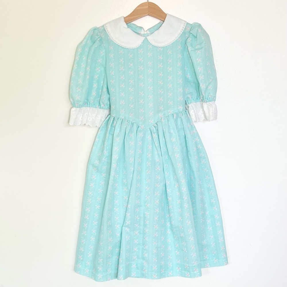 Vintage Prairie Lace Collar Puff Sleeve Blue Floral Girls Dress 6